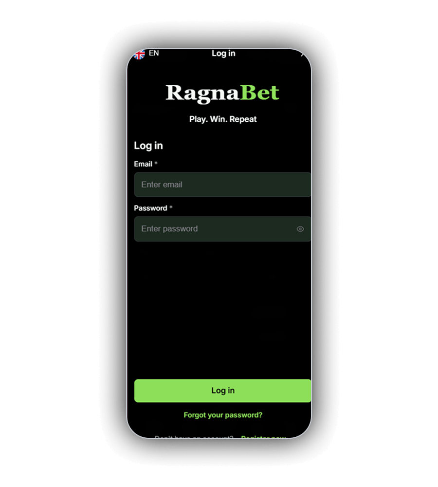 Η οθόνη Log in του RagnaBet σε κινητό με το σύνθημα Play. Win. Repeat, τα πεδία Email και Password με εικονίδιο ματιού, το πράσινο κουμπί Log in και τους συνδέσμους Forgot your password και Register now