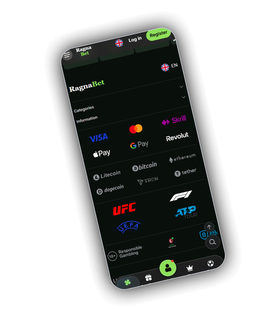 Το υποσέλιδο του RagnaBet με τα λογότυπα Visa, Mastercard, Skrill, Google Pay, Revolut, Apple Pay, Litecoin, Bitcoin, Ethereum, Tether, Dogecoin και Tron, τα σήματα UFC, F1, ATP Tour και UEFA και τα σήματα 18+ Responsible Gambling και SSL Secured