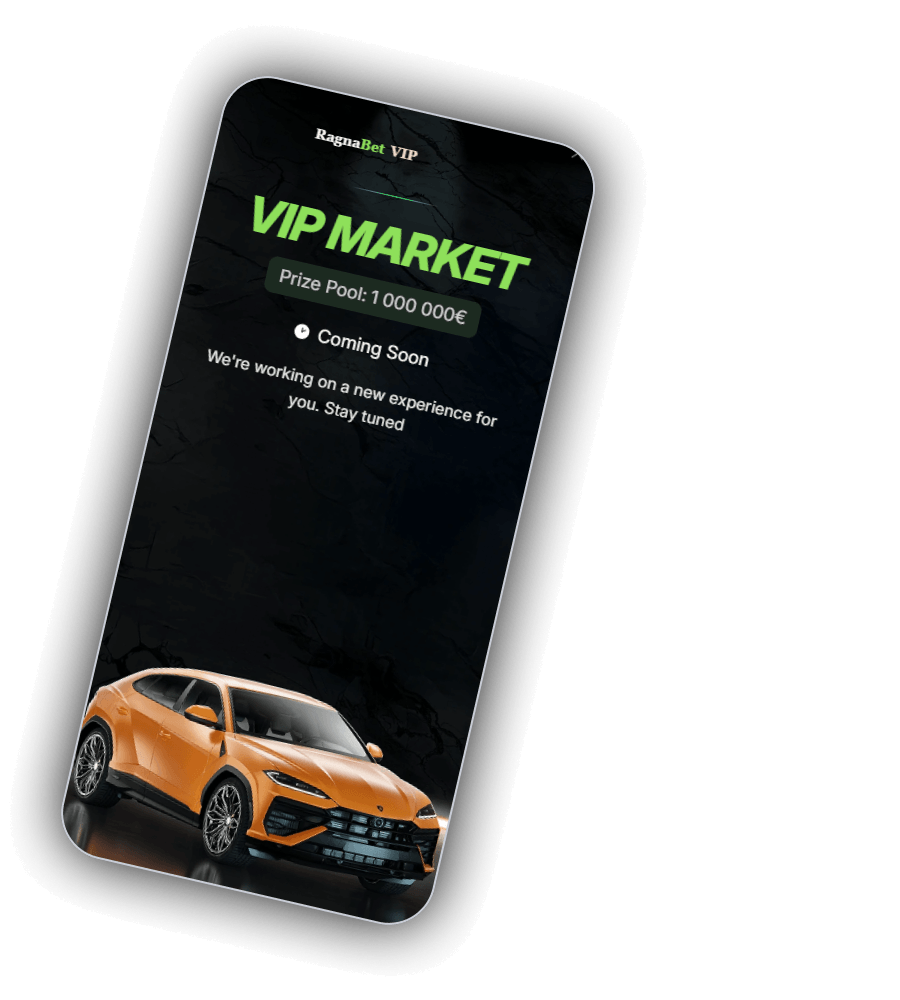 Το VIP Market του RagnaBet με τίτλο RagnaBet VIP, πράσινο κουμπί VIP MARKET, την ένδειξη Prize Pool 1 000 000 ευρώ, ένα σκούρο πάνελ σε πέτρινη υφή και ένα πορτοκαλί SUV